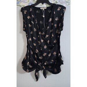 Lenon Collection NWOT Medium Black Satin Floral Wrap Velour Occasion Work Shirt